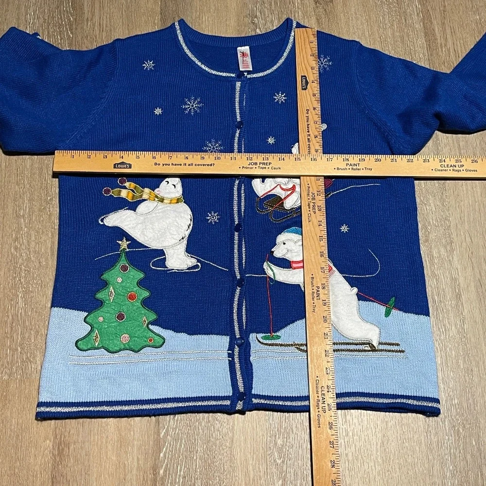 Vintage‎ Winter Scene Polar Bear Ugly Christmas Cardigan Sweater L Large EUC
